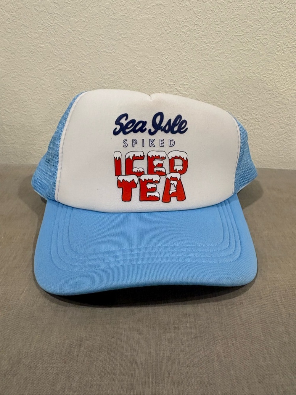 Sea Isle Spiked Iced Tea Hat Foam Trucker Snapback Blue White Hard Tea Beach Cap